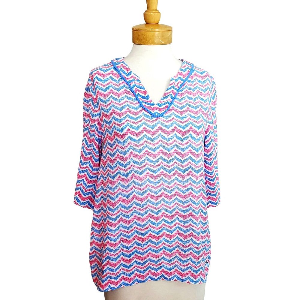 Vineyard Vines Whale Tail Shirt Top Tee Cotton V-neck Blue Pink Pom Pom Trim Sz